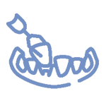 Prosty rysunek wykonany niebieską linią przedstawiający dłoń używającą widelca do krojenia rzędu pierogów na talerzu. niebodent bemowo