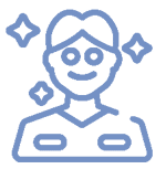 Jasnoniebieski rysunek przedstawiający uśmiechniętą osobę z krótkimi włosami i okularami, otoczoną czterema błyszczącymi gwiazdami, sugerujący pewność siebie i pozytywne nastawienie. niebodent bemowo