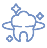 Niebieski kontur zęba z iskierkami i pierścieniem wokół niego, symbolizującym dbałość o zęby, czystość i jasny, zdrowy uśmiech. niebodent bemowo