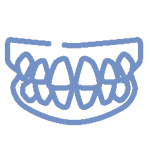 Prosty rysunek niebieskimi liniami przedstawiający górne i dolne zęby w jamie ustnej, przedstawiony w minimalistycznym stylu. niebodent bemowo